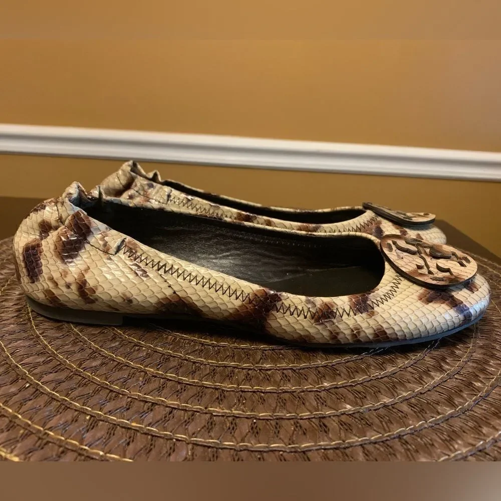 Tory Burch Minnie Travel Ballet Flat 7 M Snake Printed Leather Warm Roccia EUC